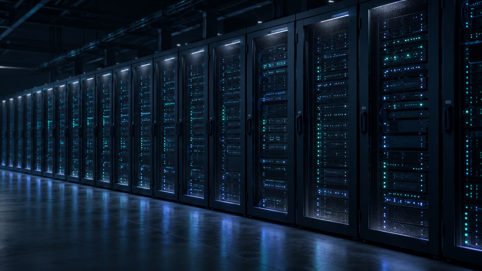 Orderly server racks illuminated by muted teal and periwinkle lights in a dark data center.