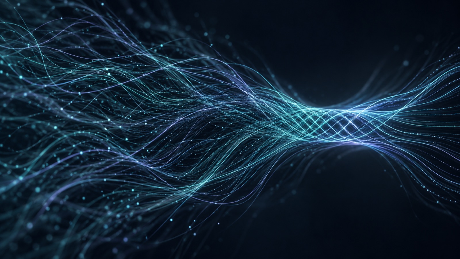 Fine teal and periwinkle filaments converge into an ordered luminous lattice against a dark navy background.